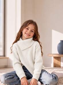 Autumn/Winter Girls' Design Pullover Sweater, Loose Fit Lapel 2 In 1 Asymmetrical Hem Grey Knit Top - White - View 6