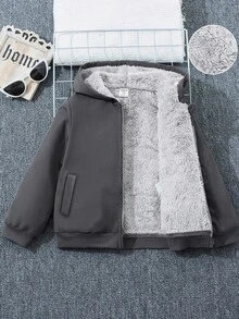 SHEIN 中性嬰兒男/女童加厚抓絨休閒黑色連帽冬季夾克，抓絨，加厚 - 彩色 - 查看 4