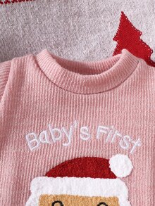 SHEIN 2件裝新生兒女嬰男嬰連腳連身衣 可愛甜美紅色聖誕刺繡 羅紋長袖圓領 冬季節日連身衣 首個聖誕節 - 粉色 - 查看 4