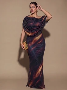 SHEIN BAE CURVE 大尺碼女款棕色長款抓褶洋裝，優雅長洋裝，適合外出與約會穿著 - 彩色 - 查看 4