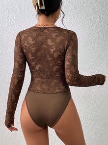 SHEIN Frenchy 對比色蕾絲波浪飾邊蕾絲連身內衣 冬季優雅款 - 棕色 - 查看 2