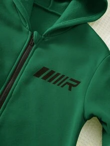 SHEIN 兒童小男孩冬季保暖運動套裝，亮綠色拉鍊連帽外套搭配黑色運動長褲，適合秋季 - 彩色 - 查看 3