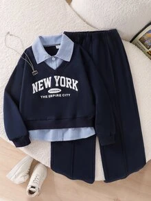 女童時尚兩件套，字母印花 2 合 1 條紋領運動衫與直筒寬腿褲，休閒日常穿著 - 藍色 - 查看 7