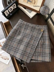 SHEIN Franclia 春夏秋冬深咖啡色格紋裙褲，優雅休閒時尚百搭浪漫約會通勤 - 黑與白 - 查看 1