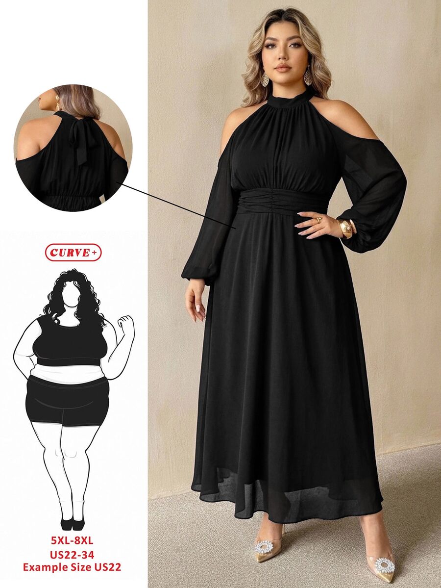 SHEIN CURVE+ 大尺碼優雅百褶露肩法式風洋裝 秋季 - 黑色 - 查看 1