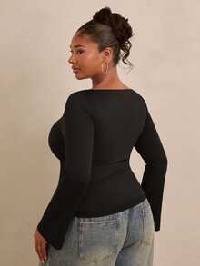 Travachic CURVE+ Black Open Shoulder Long Sleeve Thermal Base Layer Top, Ruched Waist Fitted Tee, Fall Winter - Black - View 4