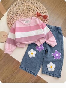 SHEIN 女童粉色條紋長袖運動衫配花朵裝飾與牛仔褲休閒兩件套 - 彩色 - 查看 6
