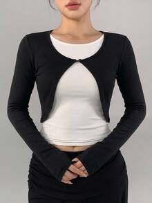 DAZY Women's Faux Two-Piece Patchwork Casual Daily Travel Sports T-Shirt - Black - View 3