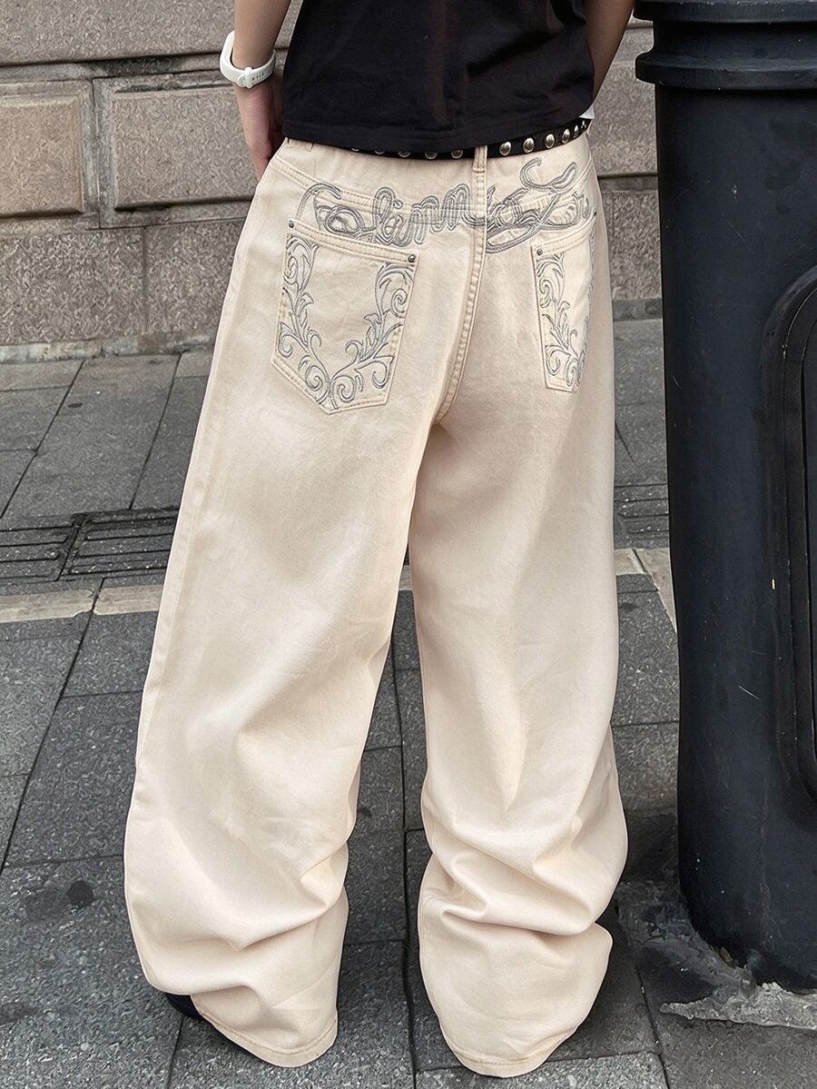 STEELVANCE 街頭風復古時尚百搭水洗鉚釘刺繡設計寬鬆直筒寬腿休閒牛仔褲(不含腰帶與配件) - 杏色 - 查看 1