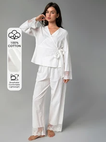 Livesso Women's Lace Patchwork Tie-Up Top And Long Pants Pajama Set - White - View 5