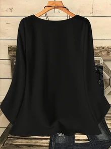 EMERY ROSE Plus Size Women's Autumn/Winter Casual Black Solid Color Round Neck Loose Fit 3/4 Sleeve Blouse - Black - View 2