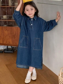DAZY (少女) 牛仔領休閒長洋裝，牛仔秋/冬藍色長洋裝 - 深色水洗藍 - 查看 4