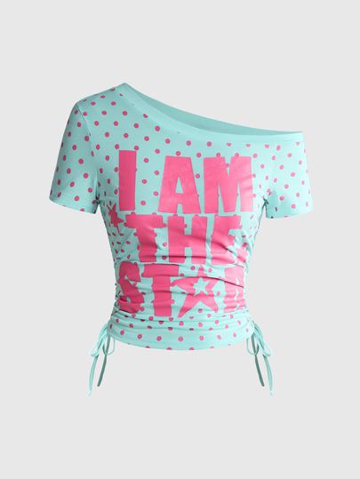 ROMWE Avant Y2K Light Matte Millennium Vintage Style English Slogan Print Polka Dot Mint Green T-Shirt