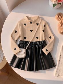 SHEIN Set Atasan Pullover Lengan Panjang Bergaris Motif Hati dan Rok Serbaguna untuk Bayi Perempuan, Elegan & Manis, Cocok untuk Musim Dingin - MultiWarna - View 4