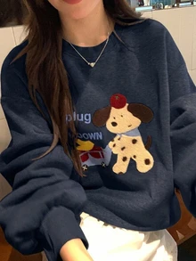 DAZY 女款圓領卡通長袖衛衣，甜美風格秋季抓絨內裡 - 藍色 - 查看 3