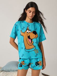 SCOOBY-DOO X SHEIN Women's Bone Print Short Sleeve Top And Shorts Pajama Set - Cadet Blue - View 1