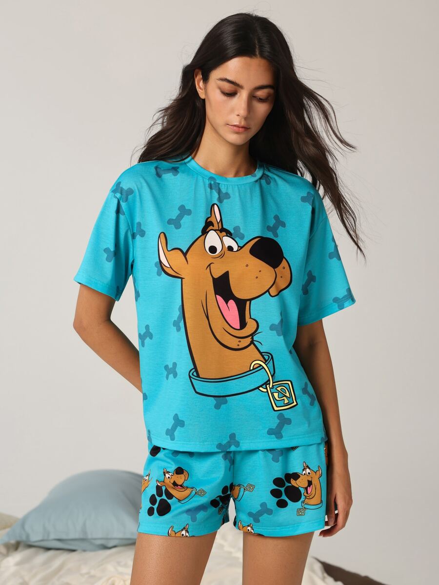 SCOOBY-DOO X SHEIN Women's Bone Print Short Sleeve Top And Shorts Pajama Set - Cadet Blue - View 1