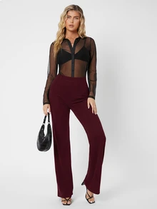 SHEIN Tall 高個女性適用 後拉鍊純色寬腿長褲 - 紫紅色 - 查看 3