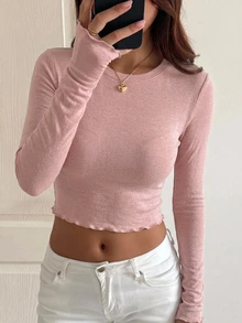 DAZY 女款露肩修身長袖休閒套頭優雅短版T恤上衣 - 粉色 - 查看 3