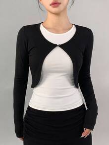 DAZY Women's Faux Two-Piece Patchwork Casual Daily Travel Sports T-Shirt - Black - View 7