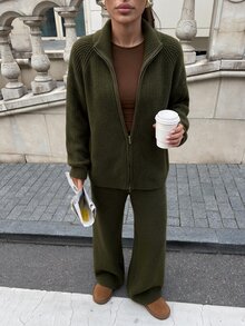 Lavishia Women's Collared Autumn/Winter Long Sleeve Zipper Front Knit Cardigan And Knit Pants 2 Pieces Set,Two Pieces Autumn Sweater Set - Army Green - View 5