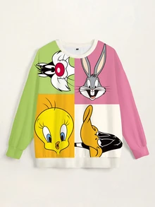 LOONEY TUNES X SHEIN Plus Size Crew Neck Cartoon Graphic Print Long Sleeve Sweatshirt - White - View 4