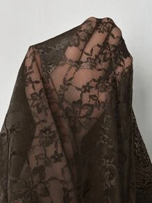 SHEIN Unity 大尺碼優雅白色蕾絲喇叭袖洋裝，秋季女款婚禮雞尾酒會約會晚裝 - 咖啡棕 - 查看 7