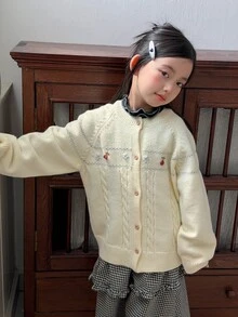 Dazy Kids Tween Girl Floral Embroidered Pattern Casual Daily Wear Cardigan - Beige - View 3