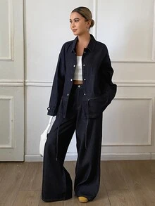 DAZY Women's Original Color Washed Loose Waist-Cinching Denim Jacket And Pants Casual Set - Dark Wash - View 2