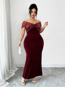 Elenzga Plus Size Luxury Sequin Pleated Elegant Dress - Burgundy - View 3
