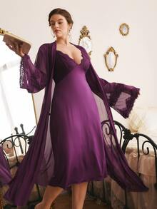 Côtesoire Plus Size Women Lace Patchwork Camisole Dress And Cardigan Casual Sleepwear Set - Purple - View 2