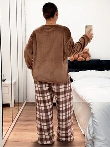 Napfluff CURVE Napfluff CURVE Plus Size Heart & Letter Embroidered Flannel Long Sleeve Top And Plaid Pants Pajama Set - Brown - View 2