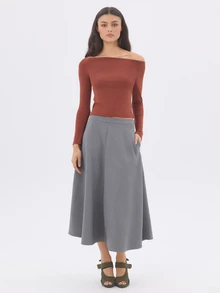 KÆRIA Hus Rok Midi A-Line Berpanel - Potongan Rapi - Warna Abu-abu Cross Dye - Pakaian Kerja, Rok Lebar, Gaya Preppy - Grey - View 4