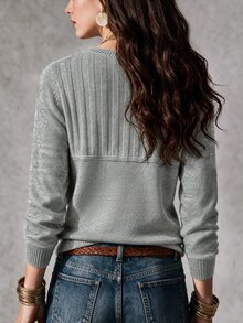 SHEIN Elegant Beige Ribbed Knit Long Sleeve Top, Vintage Half-Button Henley Collar, Commuter Outerwear Base Layer Sweater - Light Grey - View 2