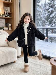 Elladie kids 女童舒適保暖毛絨外套，愛心圖案設計，搭配可愛斜背包，適合寒冷秋冬天氣 - 黑色 - 查看 2