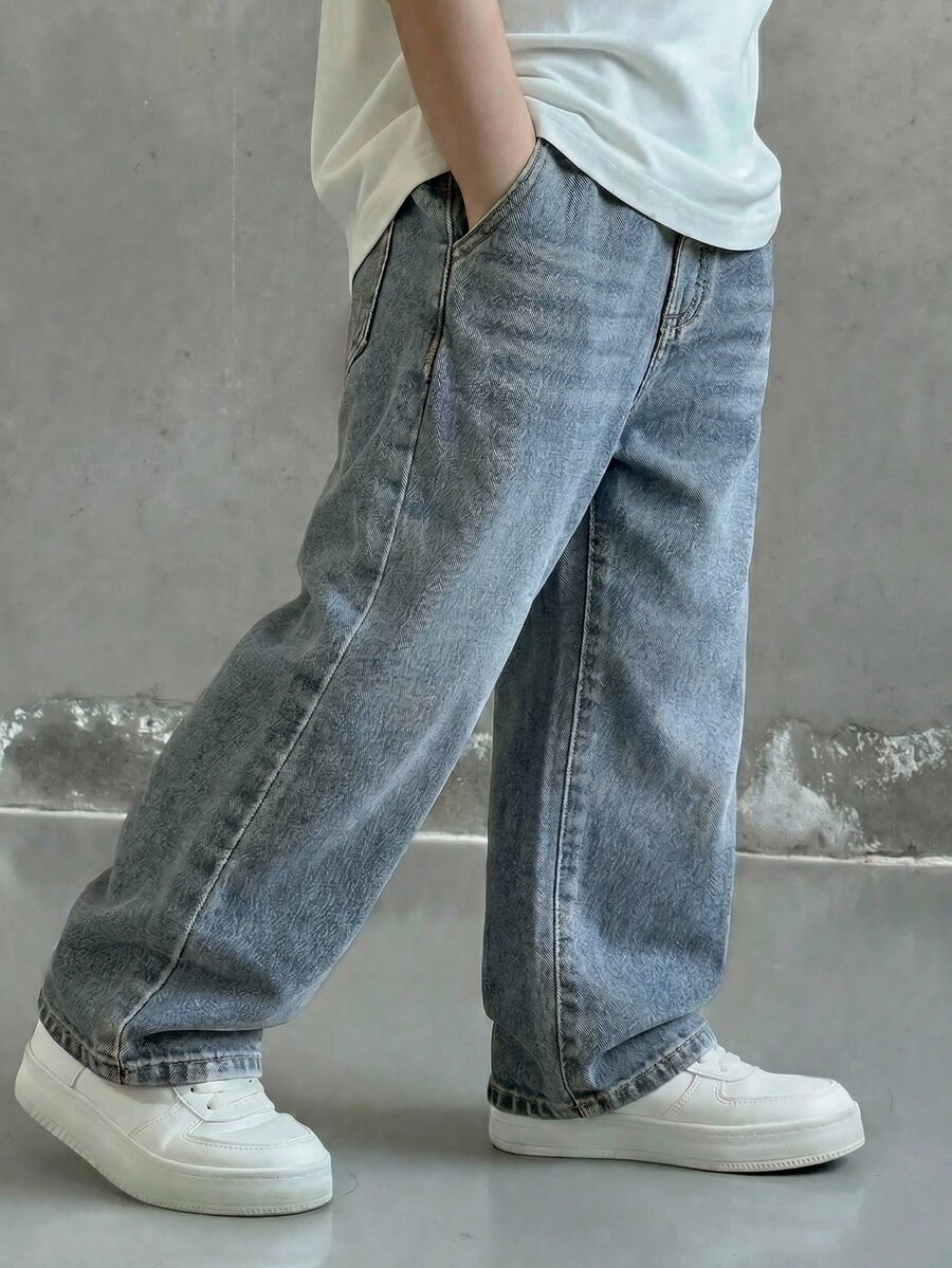 兒童青少年男孩休閒百搭日常旅行牛仔長褲,附口袋與鈕扣設計 - 中等水洗藍 - 查看 1