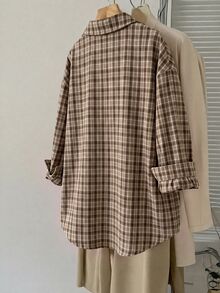 Easowa Curve 大尺碼女款格紋休閒日常穿著襯衫 - 卡其色 - 查看 2
