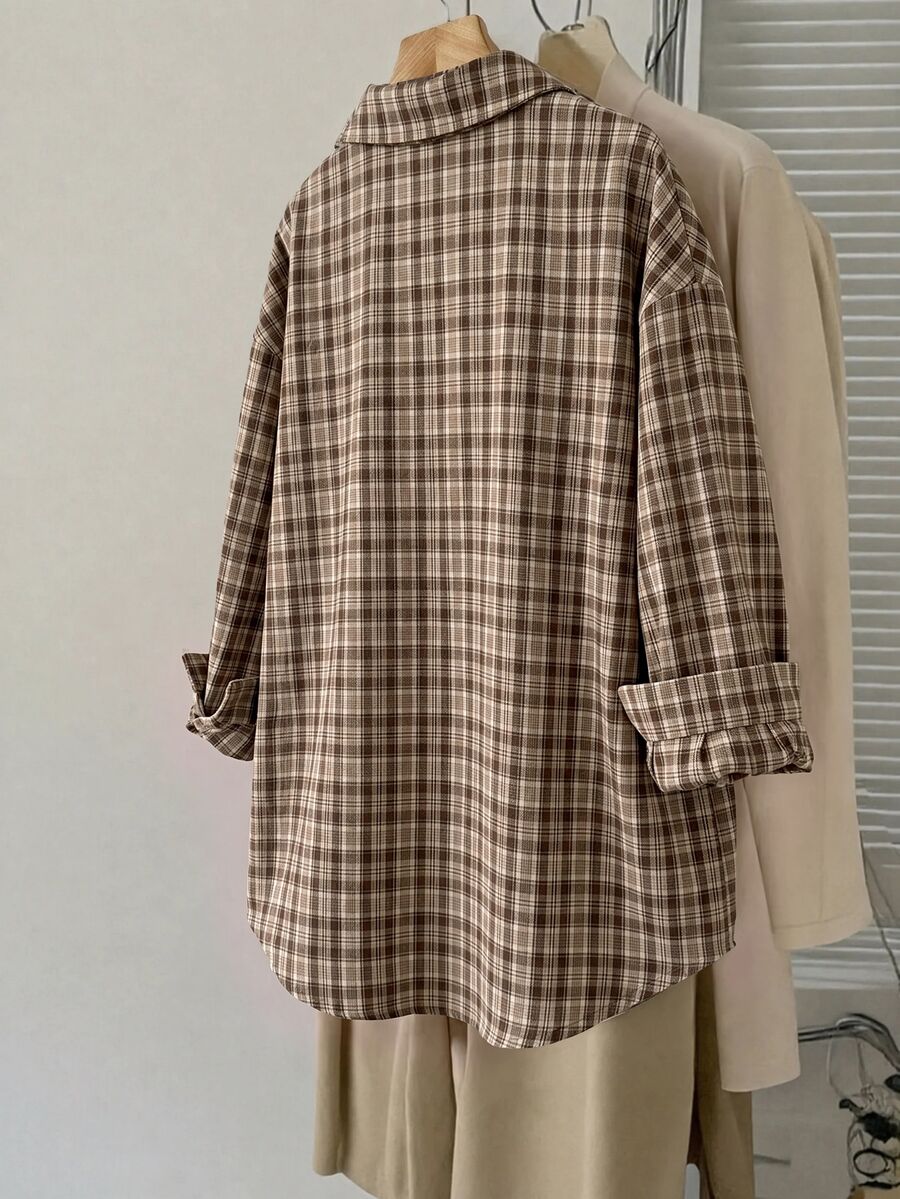 Easowa Curve Plus Size Women's Plaid Casual Daily Wear Shirt - Khaki - View 1