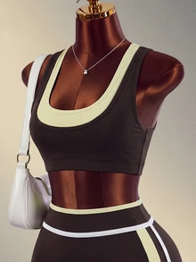 Mistrie 1pc Brown & Yellow Colorblock Tank Top Two-Piece Yoga Sports Set - Multicolor - View 4