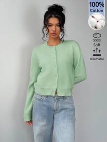 SHEIN BASICS 女款純色單排扣休閒百搭長袖開襟衫，適合日常外出、商務辦公、早午餐，米白色，秋季教師節 - 綠色 - 查看 3