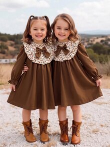 SHEIN Baby Girl Patchwork Floral Frill Trim Stand Collar Bow Decor Cute Dress - Brown - View 4