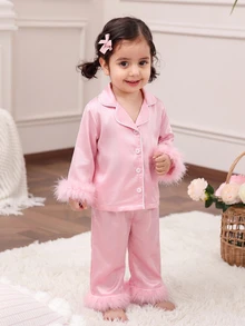 Dozemod Baby Girl Sweet Minimalist Bow Pattern Lapel Button Ruffle Trim Long Sleeve Long Pants Comfortable Skin-Friendly Knit Pajama Set 2pcs - Baby Pink - View 7