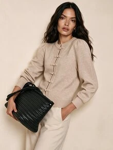 Linhara CURVE Plus Size Comfortable Frog Button Long Sleeve Knit Cardigan, Autumn/Winter - Apricot - View 6