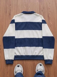 SWAVVY 男士休閒針織寬鬆長袖半開鈕扣衛衣，字母拼接配色 Polo 領套頭衫，秋冬日常穿著，送給丈夫的禮物 - 藍白色 - 查看 2