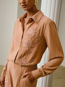 ZEYLAH Women's Long Sleeve Single-Breasted Elegant Commute Embroidered Blouse - Khaki - View 2