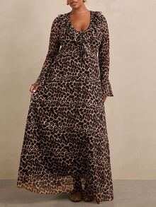Travachic Plus Size Women's Ruffle Hem Leopard Print Dress Fall Formal Party Evening Beige Elegant - Brown - View 4