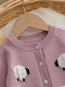 Baby Girl Sheep Pattern Raglan Long Sleeve Knit Romper - Baby Pink - View 5