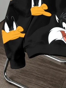 LOONEY TUNES X SHEIN Daypath 男士卡通印花長袖休閒連帽衛衣 - 黑色 - 查看 4