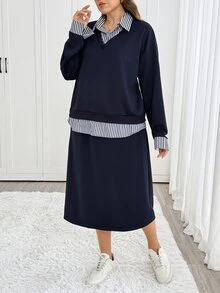 Easowa Curve Plus Size Women's Striped Shirt Collar 2 In 1 Sweatshirt And Skirt Casual Two Pieces Set - Navy Blue - View 3