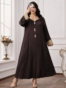 Al Najma Đầm Ả Rập nữ size lớn phối màu phong cách thường ngày, dự tiệc và du lịch - Cà phê nâu - Xem 7